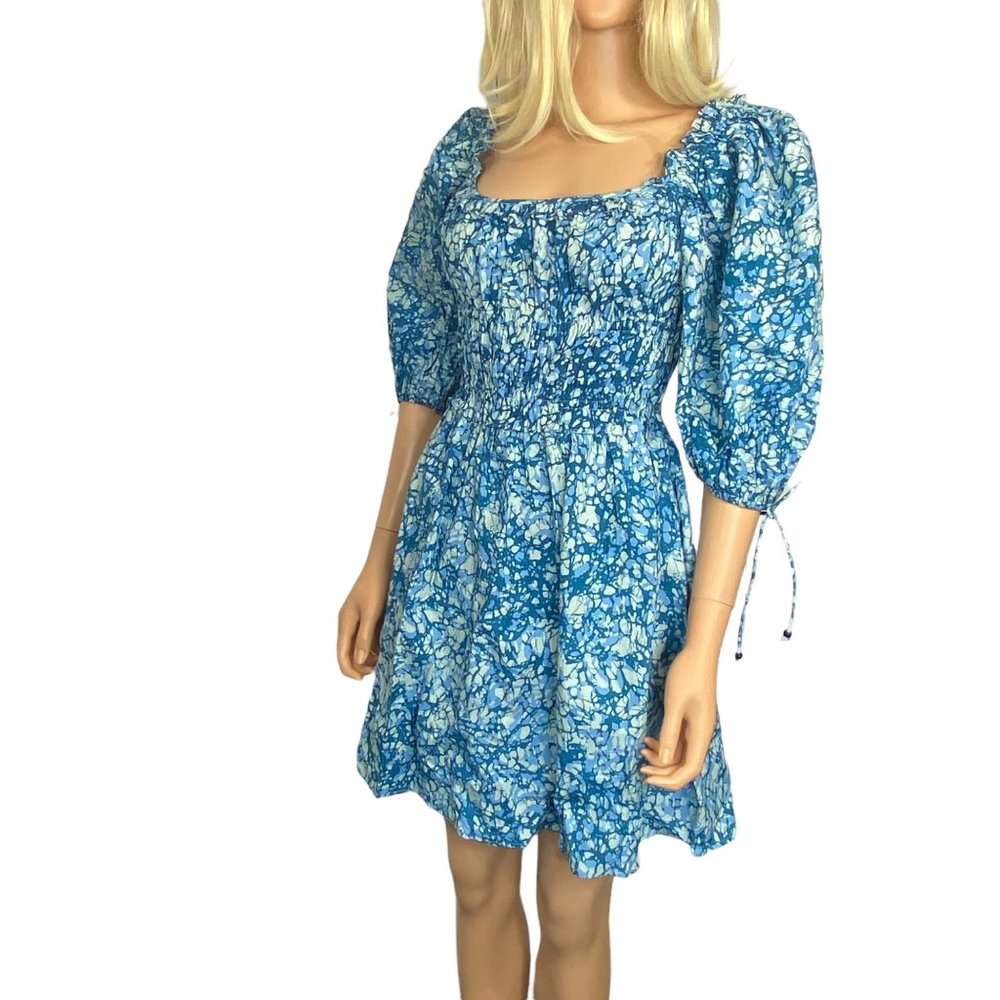 NWT House of Harlow 1960 REVOLVE Blue Ruffle Short Dress S/M Cotton Puff Sleeve